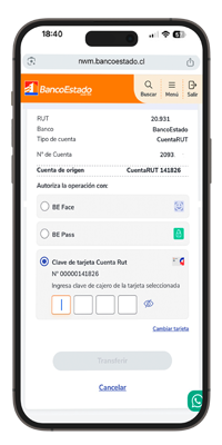 App BancoEstado Ingreso de clave de tarjeta de 4 dígitos