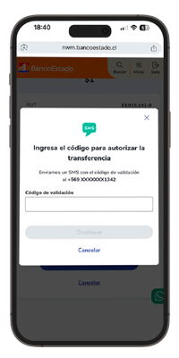 App BancoEstado Ingreso del código recibido por SMS