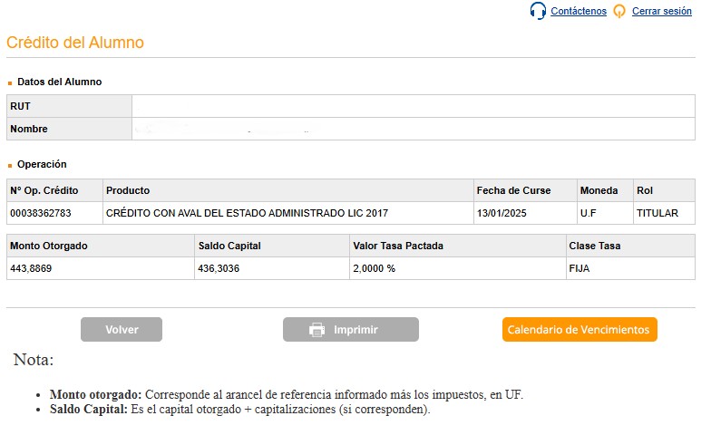 Información Crédito del alumno