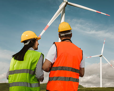Hombre en un bosque Trabajadores en medio de paneles solares
